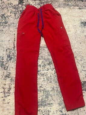 Figs Women's Red Scrub Pants with Blue Drawstring